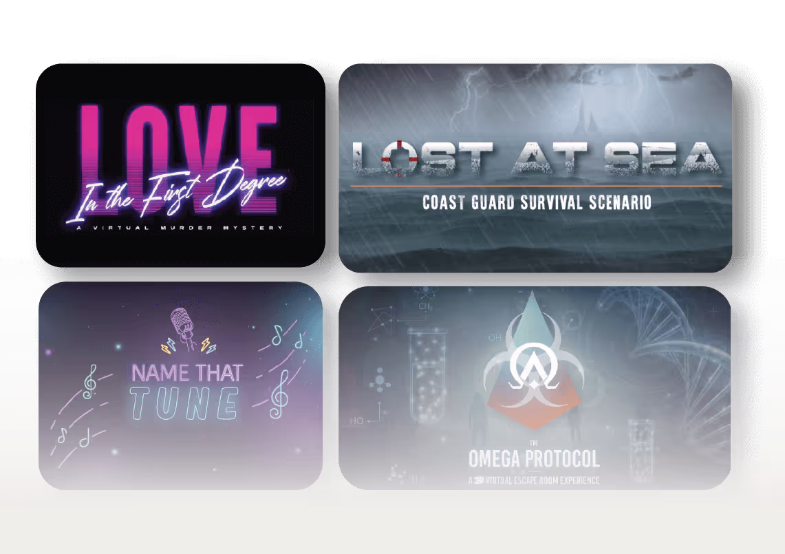 Four game or experience thumbnails with different themed titles